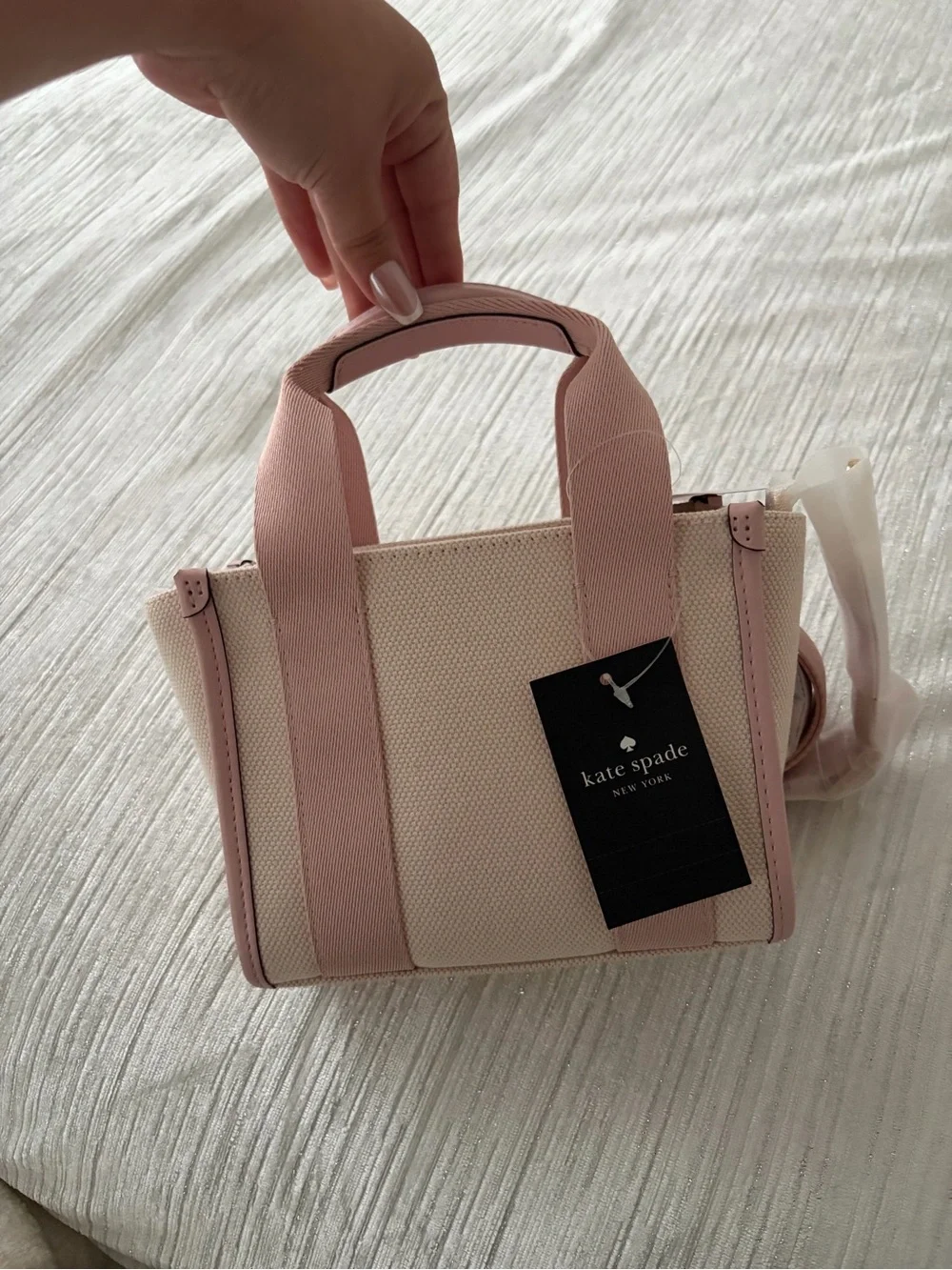 kate spade Pink and Cream Canvas Tote with Signature Webbed Straps